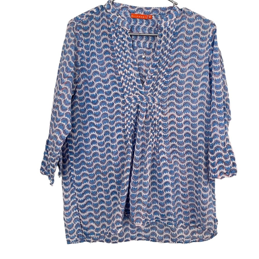 Oliphant Blue and White Patterned Tie-Neck Tunic